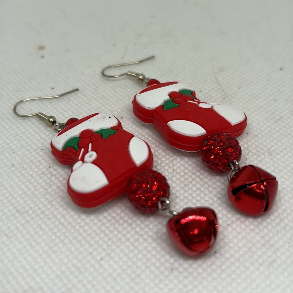 Handmade Christmas Stocking Rhinestone Bell Earrings - Picture 9 of 13